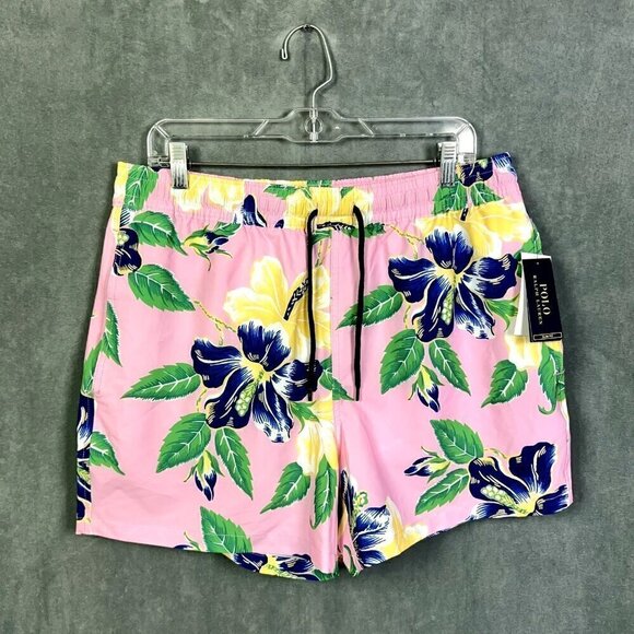 Polo Ralph Lauren Swim Trunks Mens XXL Pink Slim Fit Elastic Waist Floral Beach - Picture 1 of 12